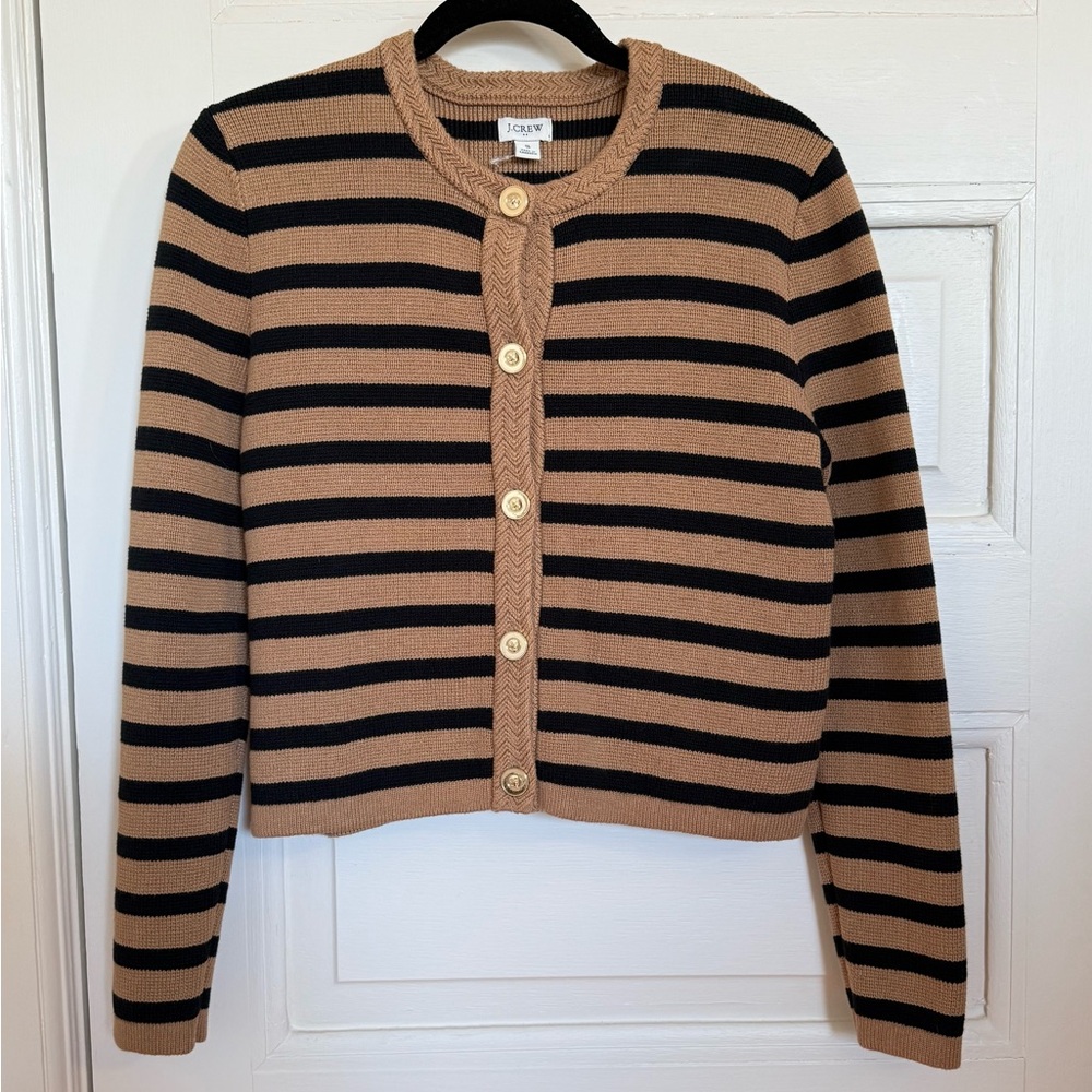 J. Crew Striped cotton lady jacket cardigan sweater Black & Tan